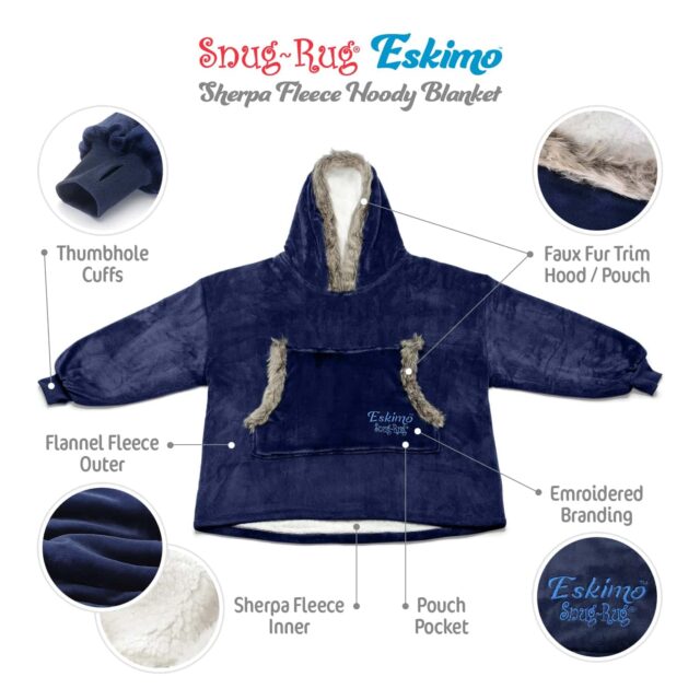 Snug-Rug Eskimo Hoodie Blanket Navy Blue Diagram