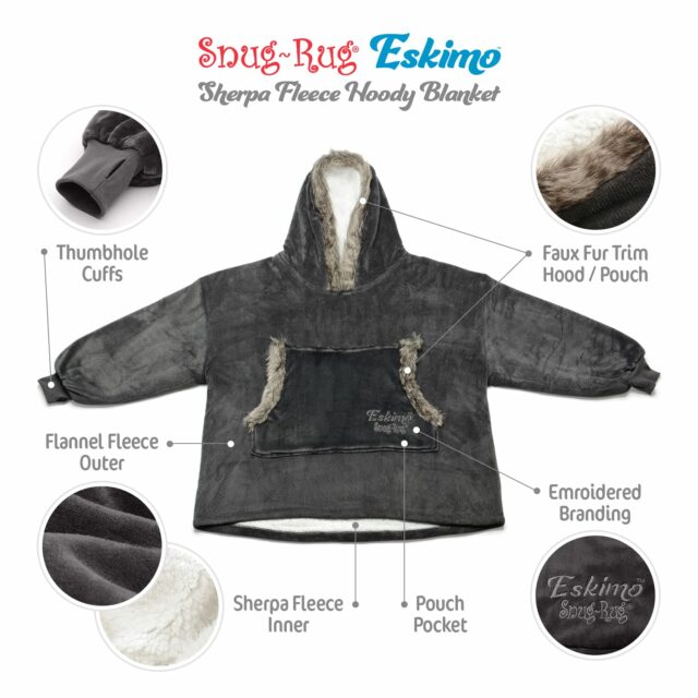 Snug-Rug Eskimo Hoodie Blanket Slate Grey Diagram